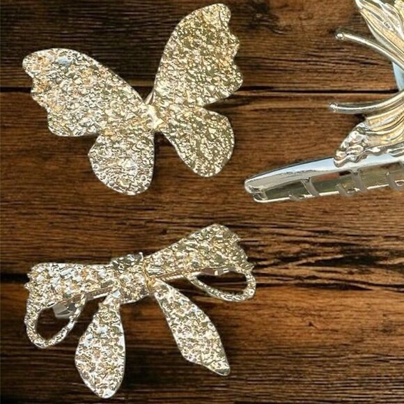 Lot of 7 Gold Hair Accessories Sparkly Bow & Butterfly Clips/Barrettes/Claws New - Picture 4 of 6
